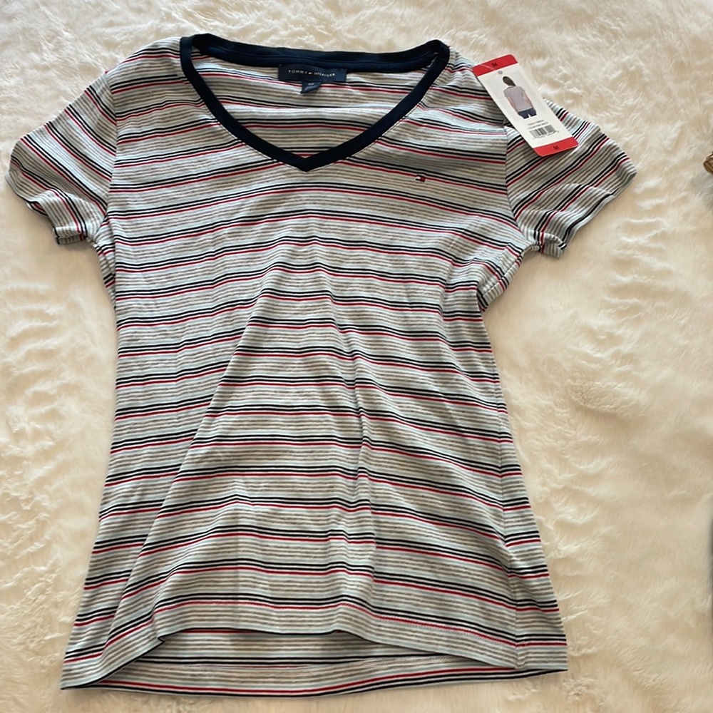 Blue, red, and white striped tshirt